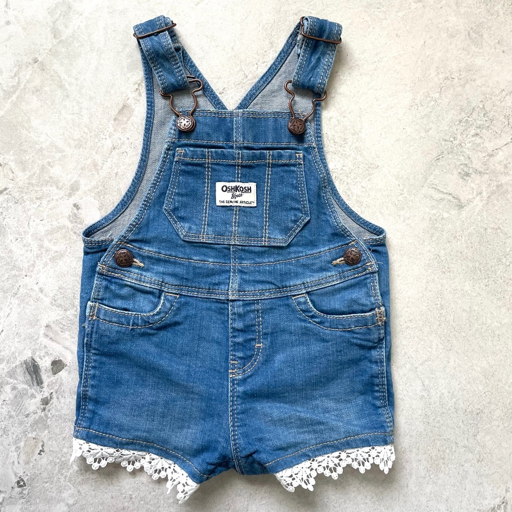 Baby Girl 9M OshKosh B’gosh Denim Overall Shorts w Lace Trim Jumpsuit EXC